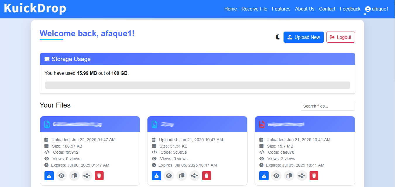 KuickDrop account dashboard showing file management